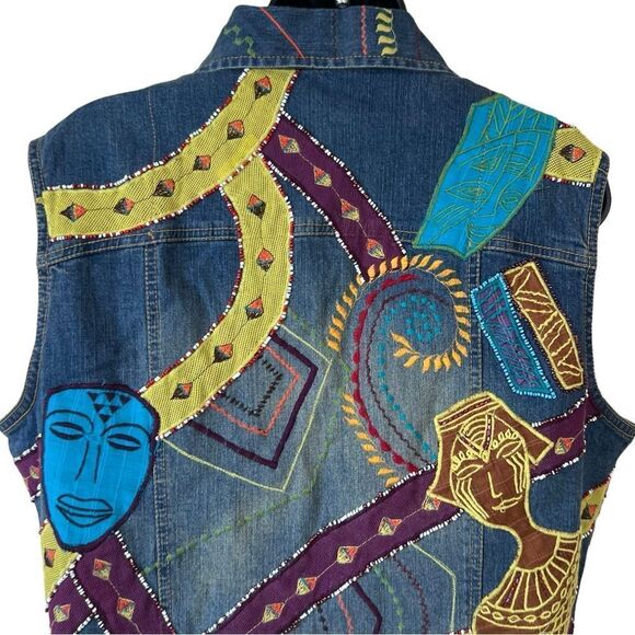 Vintage Chicos Patchwork Denim Embroidered Beaded Sequin Colorful Abstract Vest - Picture 9 of 11